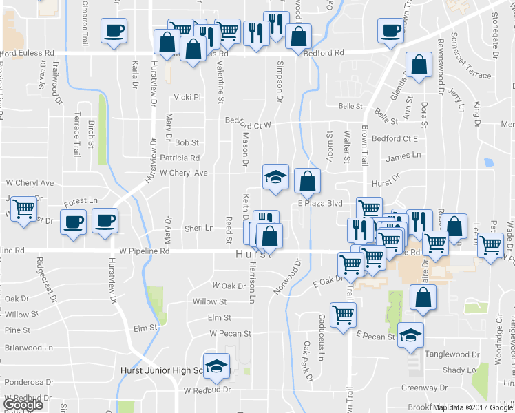 map of restaurants, bars, coffee shops, grocery stores, and more near 1021 Harrison Lane in Hurst