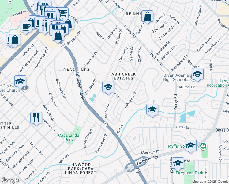 map of restaurants, bars, coffee shops, grocery stores, and more near 1716 Mariposa Drive in Dallas