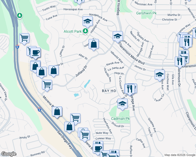 map of restaurants, bars, coffee shops, grocery stores, and more near 3216 Keokuk Court in San Diego
