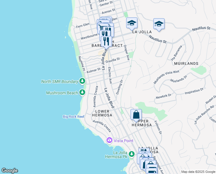 map of restaurants, bars, coffee shops, grocery stores, and more near 6455 La Jolla Boulevard in San Diego