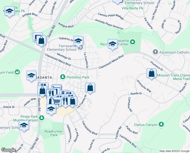 map of restaurants, bars, coffee shops, grocery stores, and more near 5232 Marigot Place in San Diego