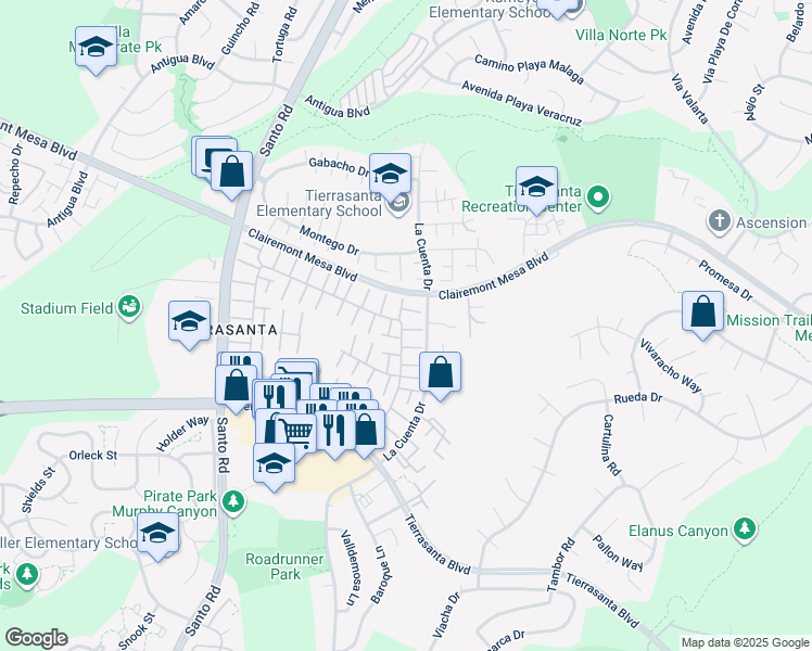 map of restaurants, bars, coffee shops, grocery stores, and more near 5185 Abuela Drive in San Diego