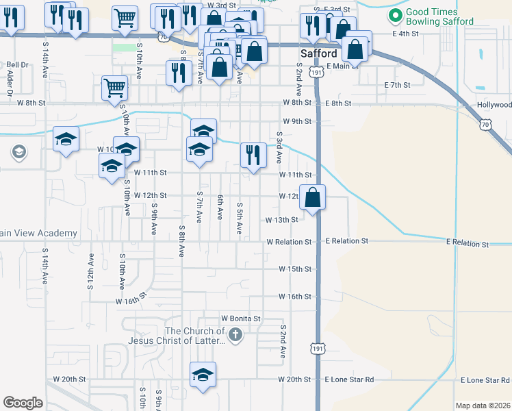map of restaurants, bars, coffee shops, grocery stores, and more near 1204 South Central Avenue in Safford