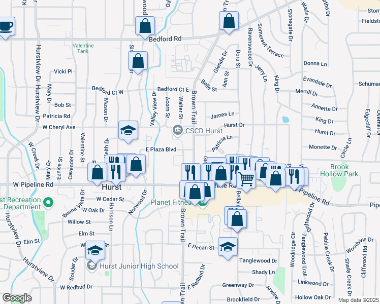 map of restaurants, bars, coffee shops, grocery stores, and more near 817 Plaza Boulevard in Bedford