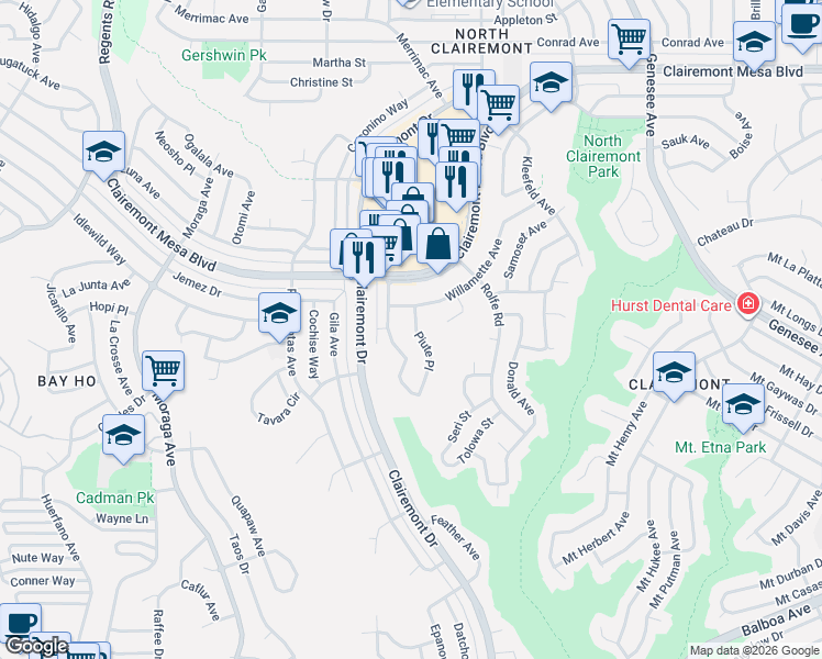 map of restaurants, bars, coffee shops, grocery stores, and more near 4552 Piute Place in San Diego