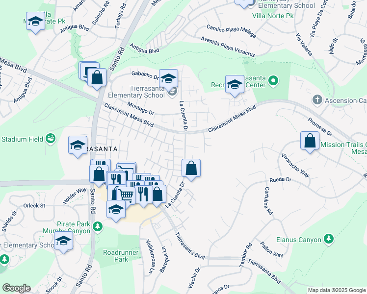 map of restaurants, bars, coffee shops, grocery stores, and more near 5185 Abuela Drive in San Diego