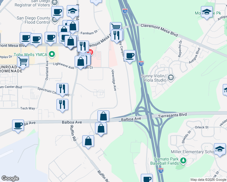 map of restaurants, bars, coffee shops, grocery stores, and more near 4830 Viewridge Avenue in San Diego