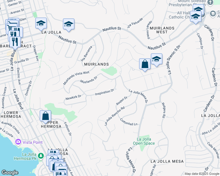 map of restaurants, bars, coffee shops, grocery stores, and more near 1410 Inspiration Drive in San Diego