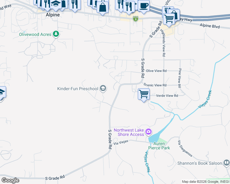 map of restaurants, bars, coffee shops, grocery stores, and more near 2625-27 Rancho Sierra in Alpine