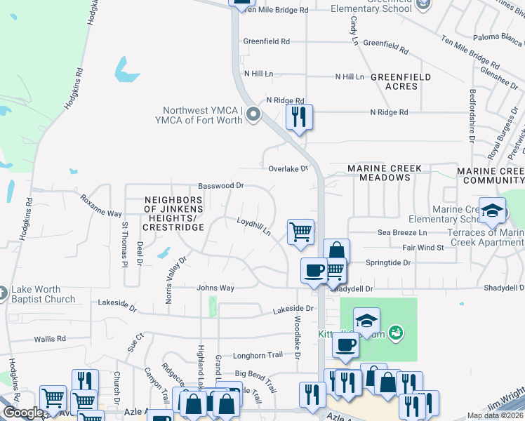map of restaurants, bars, coffee shops, grocery stores, and more near 4906 Camille Court in Fort Worth