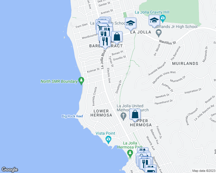 map of restaurants, bars, coffee shops, grocery stores, and more near 6425 Electric Avenue in San Diego