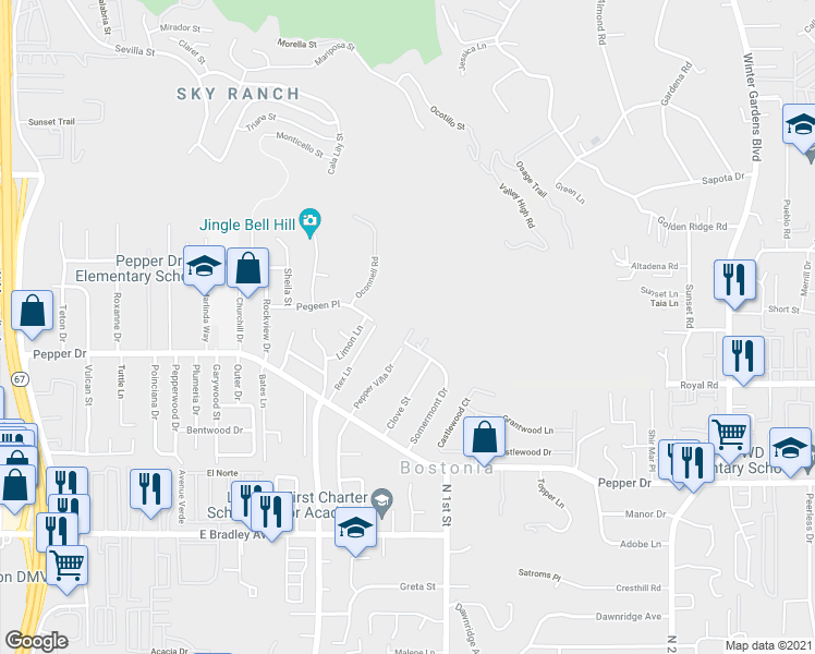 map of restaurants, bars, coffee shops, grocery stores, and more near 1407 Somermont Drive in El Cajon