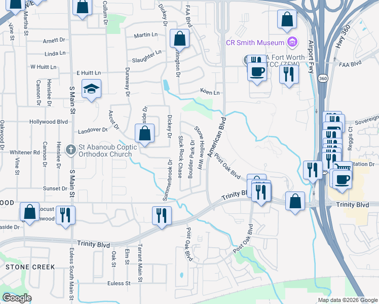 map of restaurants, bars, coffee shops, grocery stores, and more near 4205 Boulder Park Drive in Euless