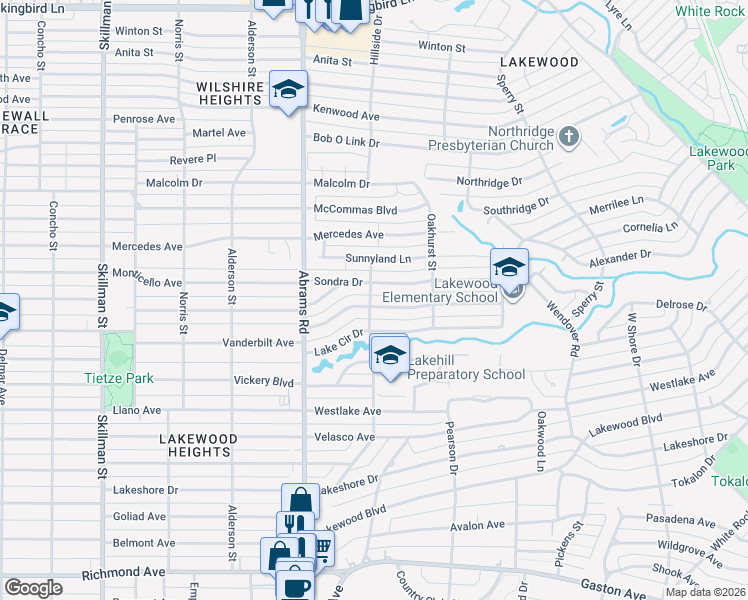 map of restaurants, bars, coffee shops, grocery stores, and more near 6503 Vanderbilt Avenue in Dallas