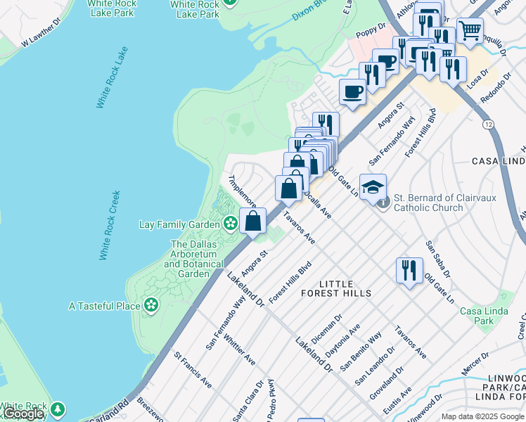 map of restaurants, bars, coffee shops, grocery stores, and more near 1190 Timplemore Drive in Dallas
