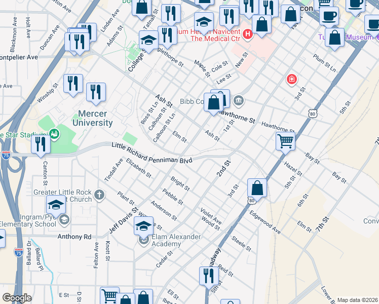 map of restaurants, bars, coffee shops, grocery stores, and more near 1440 Telfair Street in Macon