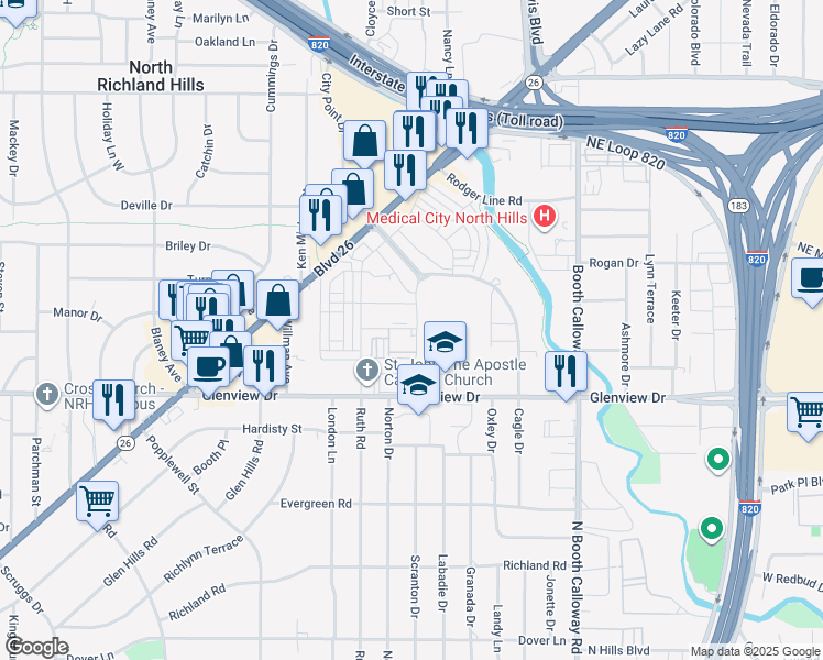 map of restaurants, bars, coffee shops, grocery stores, and more near Ruth Rd in North Richland Hills