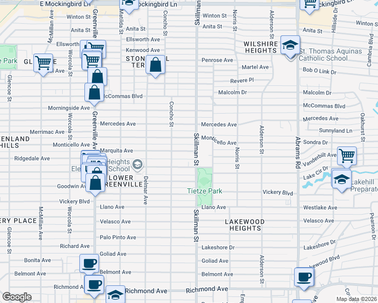 map of restaurants, bars, coffee shops, grocery stores, and more near 6028 1/2 Marquita Avenue in Dallas