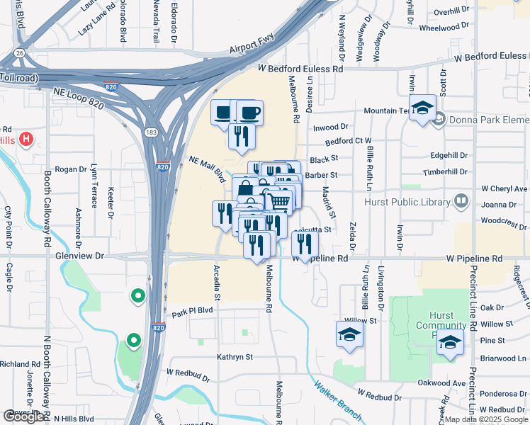 map of restaurants, bars, coffee shops, grocery stores, and more near 937 Melbourne Road in Hurst