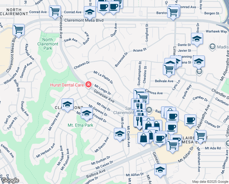 map of restaurants, bars, coffee shops, grocery stores, and more near 4975 Mount La Platta Drive in San Diego