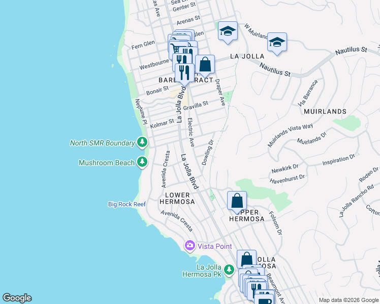 map of restaurants, bars, coffee shops, grocery stores, and more near 6455 La Jolla Boulevard in San Diego