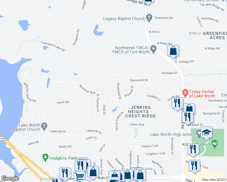 map of restaurants, bars, coffee shops, grocery stores, and more near 6608 Roxanne Way in Fort Worth