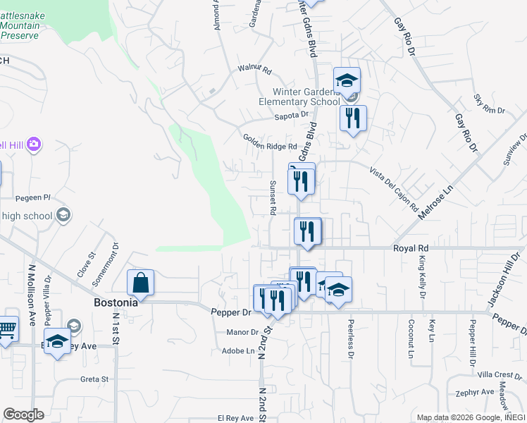 map of restaurants, bars, coffee shops, grocery stores, and more near 8174 Sunset Road in Lakeside
