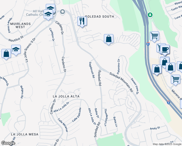 map of restaurants, bars, coffee shops, grocery stores, and more near 5910 Sagebrush Road in San Diego