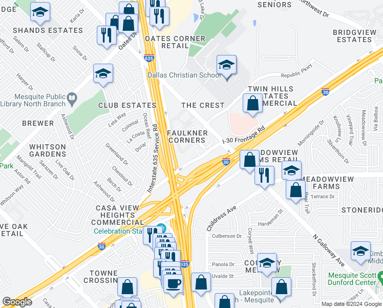 map of restaurants, bars, coffee shops, grocery stores, and more near 4743 North Galloway Avenue in Mesquite
