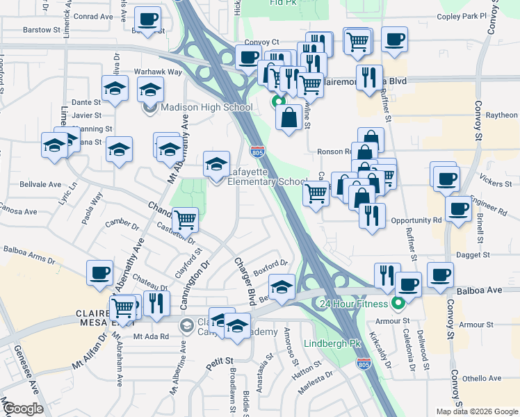map of restaurants, bars, coffee shops, grocery stores, and more near 4676 Berwick Drive in San Diego