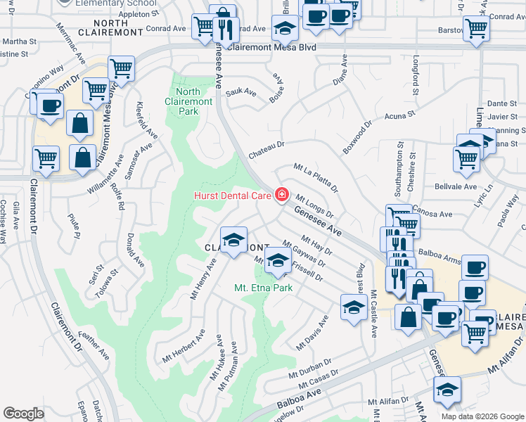 map of restaurants, bars, coffee shops, grocery stores, and more near 4642 Mount Gaywas Drive in San Diego
