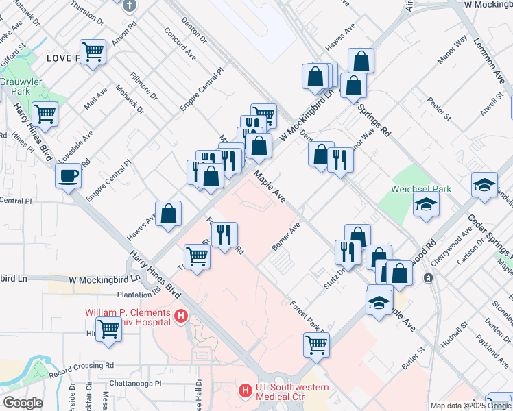 map of restaurants, bars, coffee shops, grocery stores, and more near 6535 Maple Avenue in Dallas