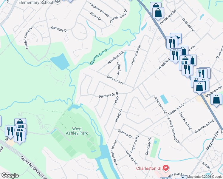 map of restaurants, bars, coffee shops, grocery stores, and more near 2004 Vestry Dr in Charleston
