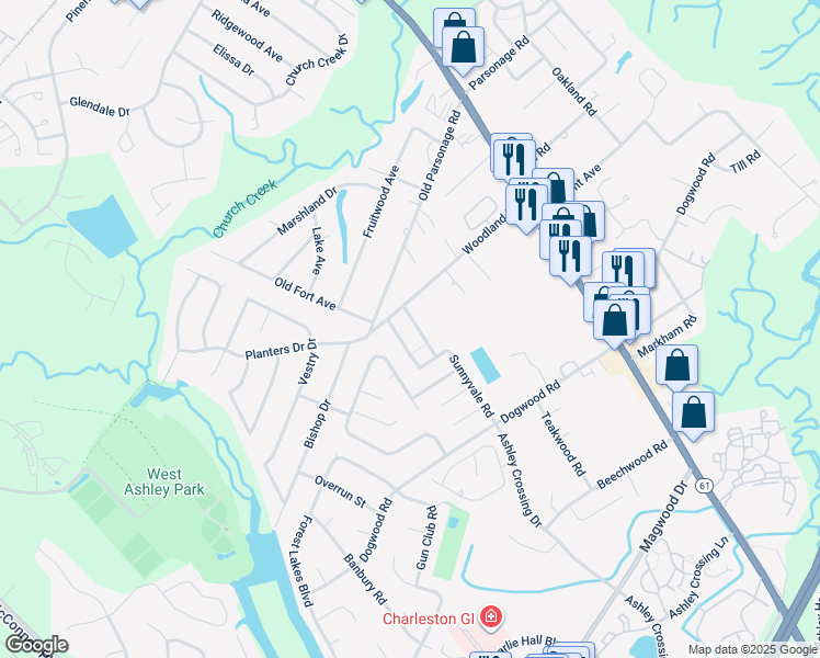 map of restaurants, bars, coffee shops, grocery stores, and more near 2021 Maybelles Lane in Charleston