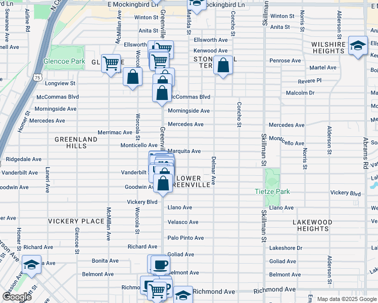 map of restaurants, bars, coffee shops, grocery stores, and more near 5800 Marquita Ave in Dallas