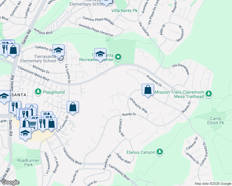 map of restaurants, bars, coffee shops, grocery stores, and more near 4404 Vivaracho Court in San Diego