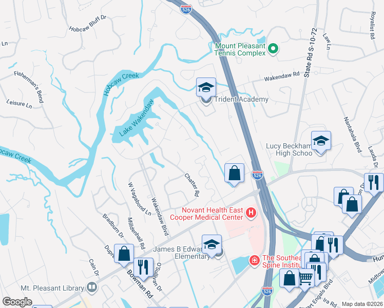 map of restaurants, bars, coffee shops, grocery stores, and more near 641 Serotina Court in Mount Pleasant