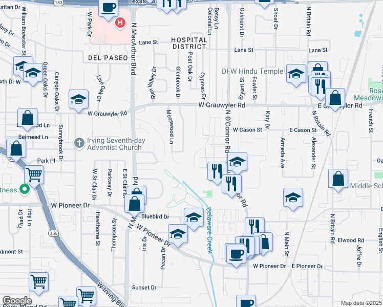 map of restaurants, bars, coffee shops, grocery stores, and more near 1221 Limetree Lane in Irving