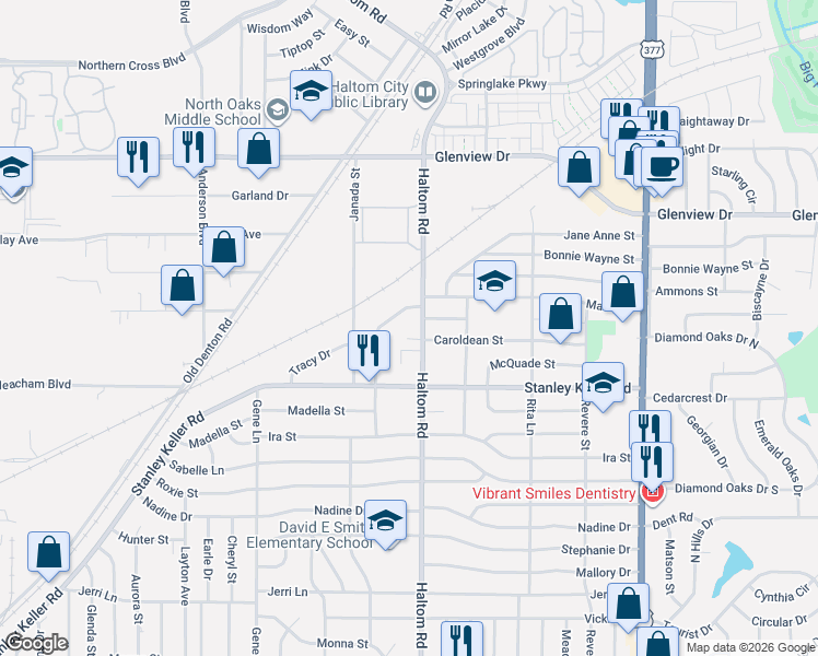 map of restaurants, bars, coffee shops, grocery stores, and more near 5009 Caroldean Court in Fort Worth