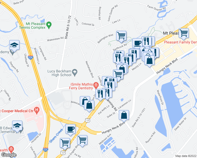 map of restaurants, bars, coffee shops, grocery stores, and more near 1613 Lauda Drive in Mount Pleasant