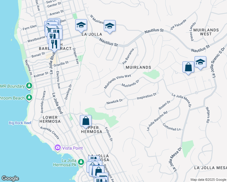 map of restaurants, bars, coffee shops, grocery stores, and more near 975 Muirlands Drive in San Diego