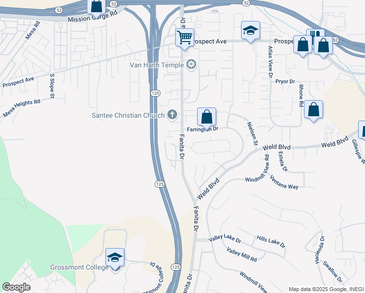 map of restaurants, bars, coffee shops, grocery stores, and more near Fanita Drive & Fanita Rancho Road in Santee