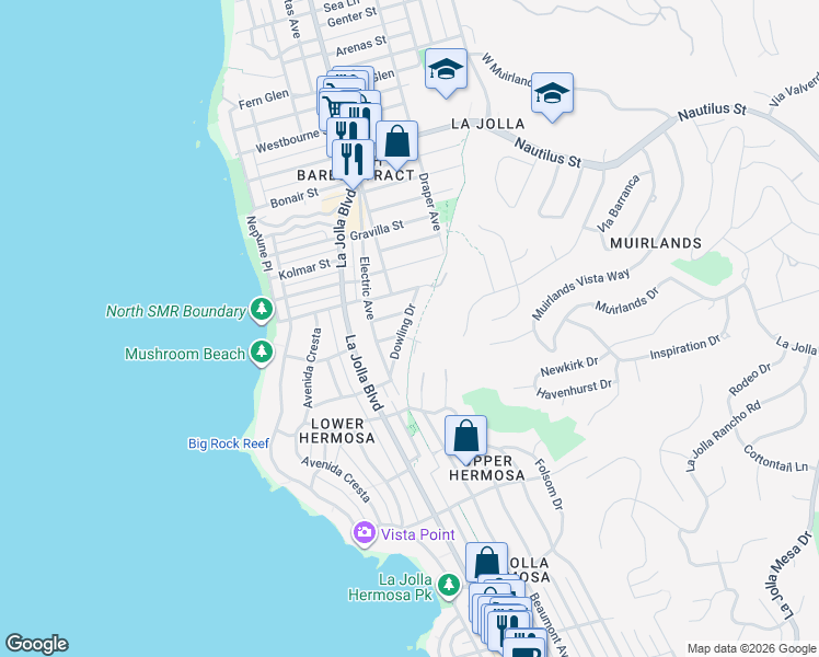 map of restaurants, bars, coffee shops, grocery stores, and more near 6411 Dowling Drive in San Diego
