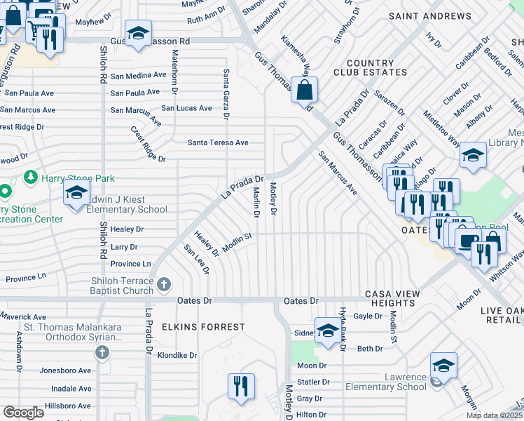 map of restaurants, bars, coffee shops, grocery stores, and more near 9934 Marlin Drive in Dallas