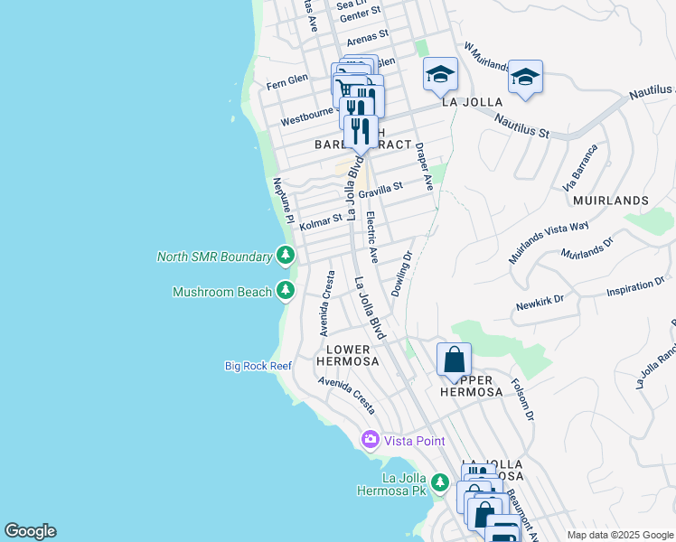 map of restaurants, bars, coffee shops, grocery stores, and more near 6461 Avenida Cresta in San Diego
