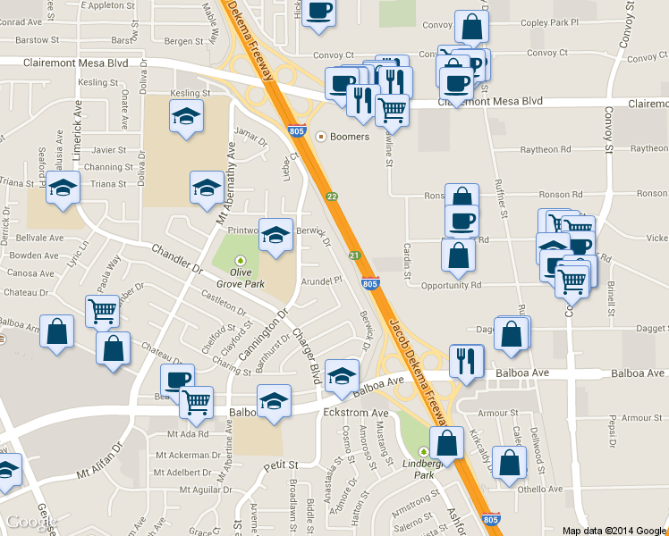 map of restaurants, bars, coffee shops, grocery stores, and more near 4676 Berwick Drive in San Diego
