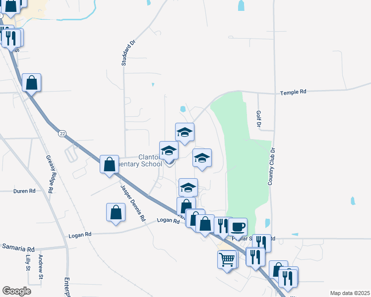 map of restaurants, bars, coffee shops, grocery stores, and more near 825 Temple Road in Clanton