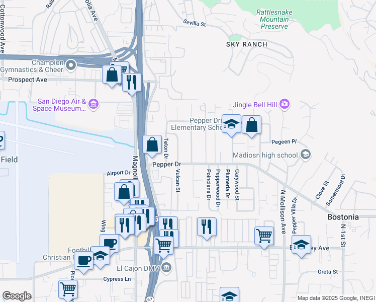 map of restaurants, bars, coffee shops, grocery stores, and more near 1320 Roxanne Drive in El Cajon