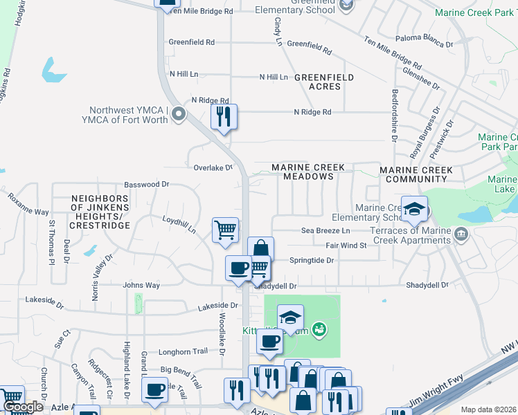 map of restaurants, bars, coffee shops, grocery stores, and more near 4900 Boat Club Road in Fort Worth