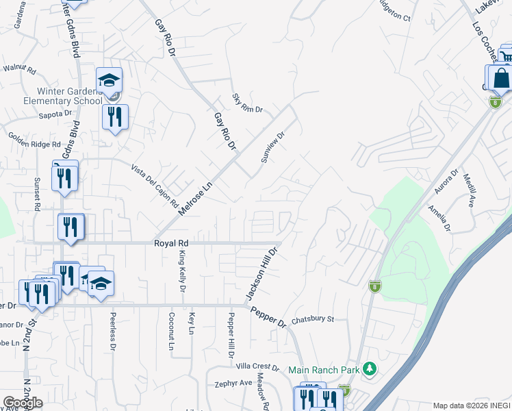 map of restaurants, bars, coffee shops, grocery stores, and more near 12501 Jackson Heights Drive in El Cajon